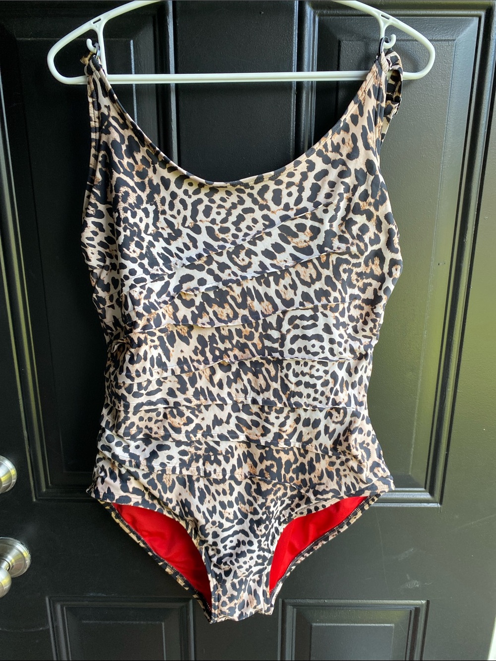 DKNY Leopard Print One-Piece Swimsuit with Red Lining